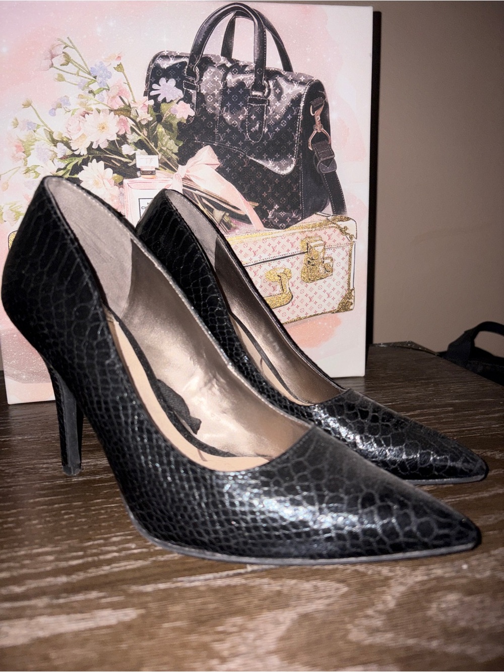 Croc-Texture Black Pointed High Stiletto Heels by Sam & Libby EUC
